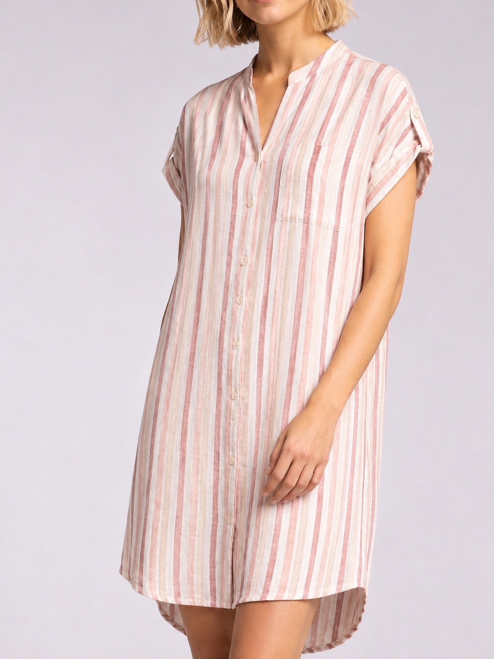 Thread & Supply Linen-blend Striped Shirt Dress XS Pink White Roll Tab